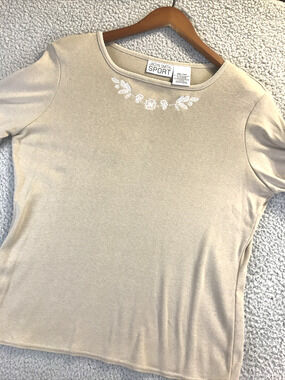 Jaclyn Smith Sport Womens Top Small Cotton Blend Short-Sleeve Beige Embroidered